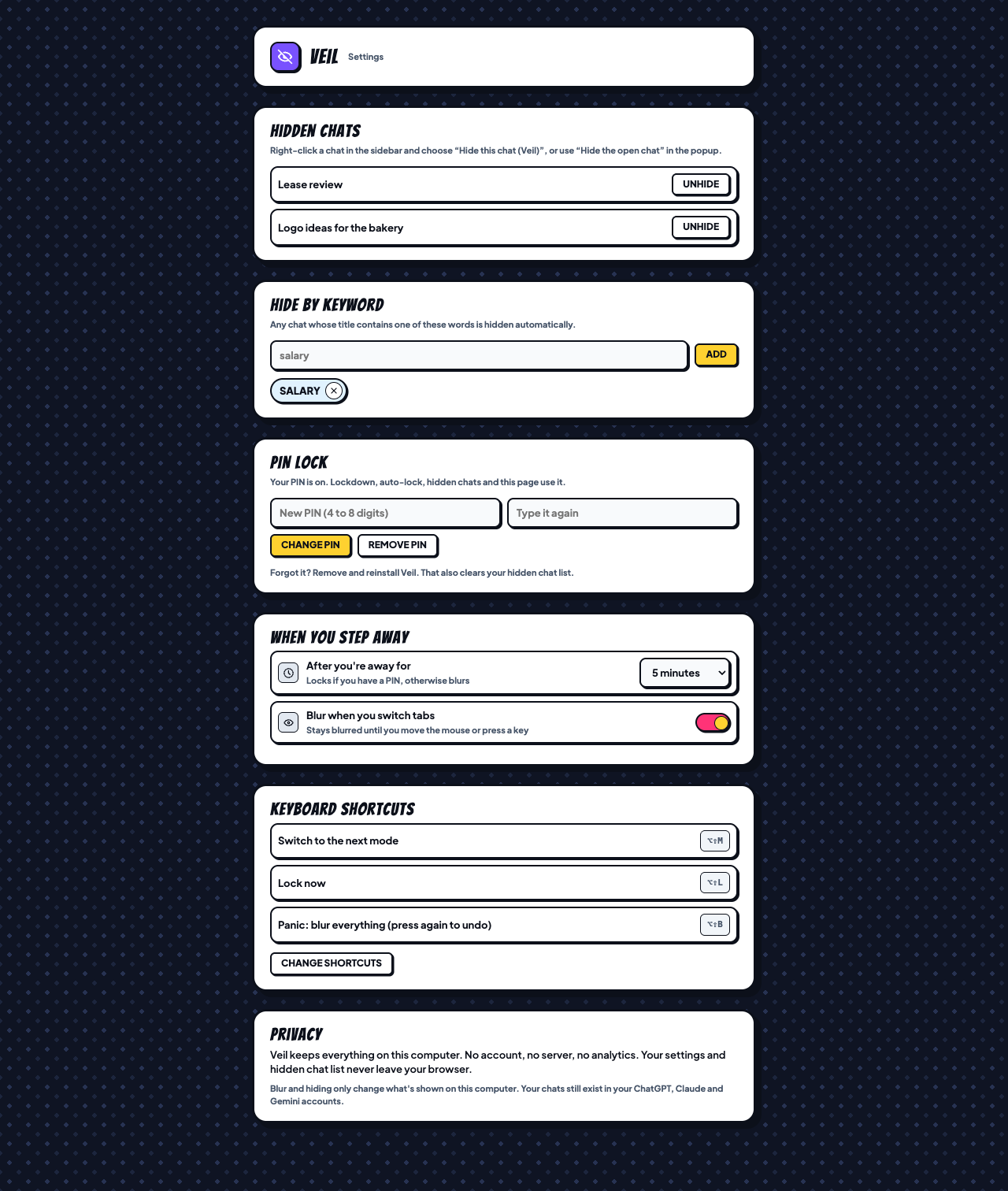 Veil settings listing hidden chats and keywords