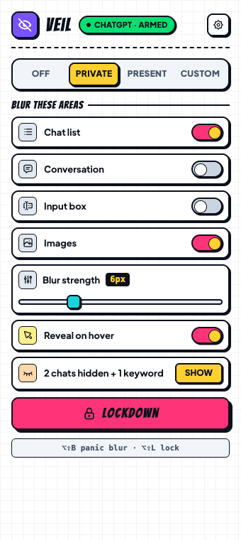 Veil's toolbar popup with mode buttons and blur switches