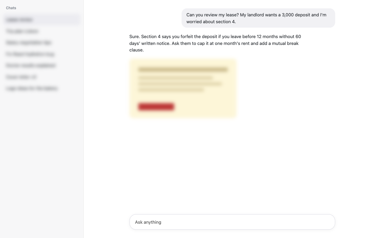 An AI chat page with the chat list and images blurred by Veil